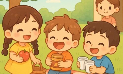 Milo, a 4-year-old boy with a round face, messy brown hair and thick red socks, clutching a small jar of peanut butter and laughing; Lila, about 9, tall with long braided hair and a yellow dress, smiling as she places apples in a basket to Milo’s left; Ben, about 7 with short hair and a blue t-shirt, crouched to Milo’s right, clinking two plastic cups; their mother, about 35 with tied-up hair, stands kindly in a doorway in the background. Setting: soft green lawn, red-and-white check blanket, open wicker basket with crackers and a banana, round-leafed trees and pale blue sky. Scene: the three children laughing around the picnic basket, Milo holding the jar to his chest, crumbs and small juice stains, warm summery light. Style: chibi kawaii with bright and pastel colors, simple rounded lines, exaggerated expressions and soft textures.