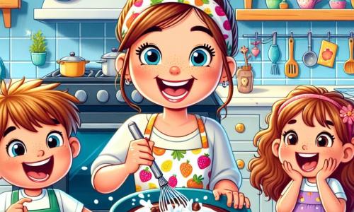 A Chefe Clara é uma mulher alegre de cerca de trinta anos, com longos cabelos castanhos presos em um coque, usando um avental colorido com estampas de frutas. Ela sorri amplamente, com os olhos brilhando de excitação, enquanto mistura uma massa de bolo em uma tigela grande. Ao seu lado, Lucas, um garoto de 8 anos com cabelos loiros bagunçados, está quebrando ovos com um grande sorriso no rosto, enquanto Sofia, uma menina de 7 anos com cabelos cacheados, observa atentamente, com as mãos na cintura, ansiosa para participar. A cena ocorre em uma cozinha iluminada e colorida, com paredes amarelas e prateleiras cheias de potes de especiarias e livros de receitas. Utensílios de cozinha brilham na bancada, e um grande forno azul está aberto, exalando um doce aroma de bolo assando. A situação principal mostra Clara e as crianças preparando um delicioso bolo de chocolate, rindo e se divertindo juntos, criando uma atmosfera alegre e acolhedora.