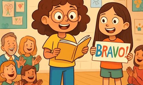 A 10-year-old girl, Ruby, stands on a wooden stage with curly brown hair and round glasses, displaying a big excited smile and a hint of nervousness. She wears a bright yellow t-shirt with a duck drawing and blue jeans. Next to her, her best friend Maya, also 10 years old with long straight hair, encourages her with sparkling proud eyes, holding a sign that says 