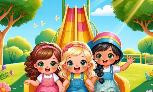 In a sunny park, three girls are gathered. Lila, an 8-year-old with curly brown hair and a pink dress, stands on the left, smiling and encouraging. To her right, Mia, a 7-year-old with blonde hair in a braid, looks at the tall slide with a mix of excitement and apprehension. Finally, Zoe, an 8-year-old with black hair and a blue cap, is in the center, raising her arms to encourage her friends. The park is lush with majestic trees and colorful flowers swaying in the wind. In the background, a large yellow and red slide stands out, attracting the attention of the playing children. The three girls are about to slide down together, sitting side by side, ready to launch into laughter and friendship, while the sun shines in a clear blue sky.