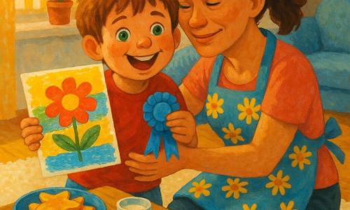 A 6-year-old boy with a round face and tousled light brown hair, bright green eyes and an enthusiastic smile holds a large colorful card and a blue ribbon, leaning forward proudly; his ~32-year-old mother, with brown hair in a ponytail, light freckled skin and wearing a blue apron with yellow daisies, crouches and hugs him with tearful, tender eyes; on a nearby table are star-shaped pancakes, two small cups of milk and scattered coloring pages; the bright living room has a light wood floor, cream rug, striped curtains letting in golden sunlight, potted plants and a shelf of stuffed animals; the scene centers on the warm, intimate moment of the boy giving his handmade card and ribbon to his mother, with warm colors, affectionate expressions and a soft joyful atmosphere.