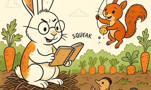 A white-and-russet rabbit with long brown-flecked ears wears small round glasses, holds a notebook, looks enthusiastic and focused with furrowed brows, and presses a small acorn cap that squeaks; he sits on a pile of stripped brambles with a front paw on a construction plan covered in sketches and measurements. A small lively red squirrel with mischievous eyes stands in a walnut-shell “cab” hanging by a translucent string, laughing and holding a slightly crumbly biscuit as crumbs fall. A curious crowd—a round mole with fogged glasses looking up, a spiky hedgehog applauding, and a pair of tits perched on a branch—faces the rabbit and squirrel. The setting is a bright, abundant carrot garden with dark soil, rows of vivid orange carrots and green tops, a light sky, mushrooms near an old mossy log. The scene depicts an “invisible elevator” in action with elevation cues (the suspended squirrel, air lines, falling crumbs), a translucent string and subtly floating elements suggesting the unseen, joyful chaotic atmosphere, crisp lines and textured detail for fur, wood, and earth.