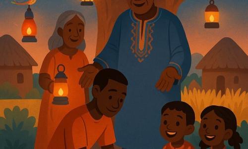 Saliou, a young man with a smooth, dark ebony face, kneels to place a small shiny white cowrie on a reed mat while the elderly Bandiara chief (about 60), wrinkled dark skin and embroidered tunic, stands behind him with open hands and a benevolent gaze; to the chief’s left, a smiling middle‑aged woman with braided gray hair holds an oil lamp, two children (a boy of 8 and a girl of 7) sit in the foreground in bright cloths watching with wide eyes, and a multicolored bird perches on a low baobab branch above; the scene is a simple, solemn village ceremony under a large baobab in a clearing with hanging oil lamps and lanterns, earthen huts and thatched roofs in the background, golden millet fields beyond and a blue‑amber twilight sky, warm colors and strong contrasts suited to a children’s illustration.