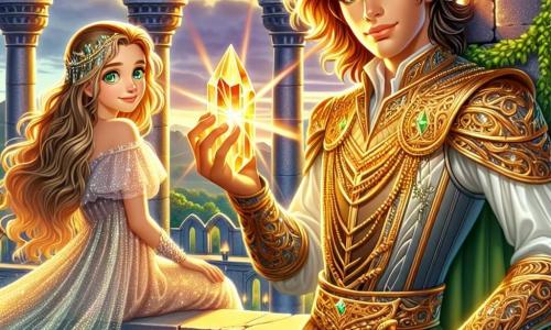 A young prince, Alaric, about 16 years old, stands at the top of a majestic tower, his face illuminated by a glow of hope and determination. He has wavy brown hair, bright emerald eyes, and wears shimmering armor adorned with golden patterns. In his hand, he holds the Crystal of Light, which emits a brilliant light, casting golden reflections on his face. Beside him is Seraphina, a 15-year-old girl with long golden hair and sparkling mischievous eyes. She wears a light gown made of shimmering fabric that gently floats in the wind. She smiles encouragingly, looking at the prince with admiration. The setting features an ancient tower made of gray stones covered in lush ivy, with arched windows letting in rays of golden light. In the background, the sky is tinted with shades of pink and orange, signaling twilight. The main scene shows Alaric and Seraphina standing together at the top of the tower, celebrating their victory over darkness, surrounded by an aura of light symbolizing hope and bravery that illuminates their kingdom.