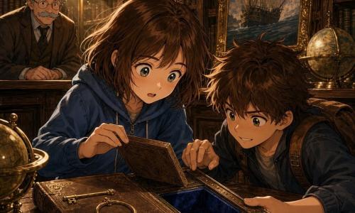 12-year-old Mina, expressive face and wide, wonder-filled eyes, messy chestnut bob, in a blue hoodie and jeans, gently opens a small hidden compartment lined with blue velvet inside an old thick book on a wooden table; 12-year-old Leo, tousled brown hair, mischievous grin but attentive eyes, wearing a worn backpack, crouches beside her with one hand on the book and the other ready to grab an object; Mr. Quill, a kindly 60-year-old librarian with a bushy gray mustache, round glasses and a brown coat, watches discreetly from behind the counter; setting is a seaside corner of an old library with dark wooden shelves of leather-bound books, a gleaming antique globe, a framed sailing painting, warm brass-lamp light and a cozy dusty atmosphere; mood: quiet, secret discovery with golden and deep-blue tones, visible dust motes, and detailed expressions of astonishment and camaraderie.