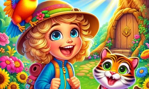 A 10-year-old girl, Lucy, with curly golden hair, wears an explorer hat and has a big, amazed smile on her face. She holds a small colorful bird, Hootie, on her shoulder, her eyes shining with excitement. Next to her, a tabby cat named Mr. Whiskers, with sparkling green eyes, rubs against her legs, looking curious and playful. The scene takes place in a sunny garden filled with vibrant flowers and tall sunflowers, with a majestic old oak tree in the background, where a small wooden door is located. Lucy and Hootie stand in front of the oak, ready to discover the hidden secret inside. The main situation shows Lucy, full of enthusiasm, opening the door of the oak tree, while Hootie joyfully flies around her, making a cheerful "Hoooot!" The atmosphere is filled with magic and adventure, with bright colors and playful details that capture the spirit of a fantastic exploration.