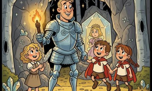 Sir Cedric, tall and broad with a square face and light beard, in polished engraved steel armor, holds a lit torch in his right hand and steps protectively toward a cavern entrance; Lily, about 7, curly blonde hair, simple dress and leather boots, stands slightly behind him holding a shimmering silver feather with wonder; Ben, about 8, short brown hair and rosy cheeks, wearing a red cape, jumps with excitement to Sir Cedric’s right, eyes on the cave; Clara, about 7 with chestnut hair in a braid, holds Ben’s hand, brave but slightly worried, standing nearby; they stand at the entrance to a large cave in a forest of silver-trunked trees, the rock walls studded with small crystals, ground strewn with golden leaves and moss, torchlight casting warm shadows; they have just found the fairy queen trapped in a crystal in a chamber below, the silver feather poised to touch the crystal, creating a magical scene with warm colors and rainbow reflections on the crystals.
