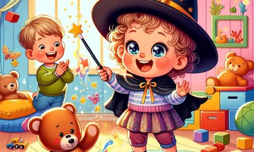 An illustration shows a one-year-old girl with sparkling big eyes and curly hair, wearing a large black hat and a shimmering cape. She is laughing heartily, holding a magic wand, while her teddy bear, slightly taller than her, dances comically beside her. Nearby, a three-year-old boy with blonde hair and round cheeks watches the scene with a delighted smile, his eyes shining with joy. He sits on the floor surrounded by scattered building blocks, clapping enthusiastically. The scene takes place in a colorful room filled with bright toys, soft cushions, and pastel-painted walls. A sunbeam filters through the window, bathing the room in a warm golden light. The main action shows the little girl trying to make her toys dance, but her teddy bear moves amusingly, causing bursts of laughter. Building blocks fall around them, adding to the joyful and playful atmosphere. Other graphic elements include scattered toys, sparkling stars around the magic wand, and laughter depicted by cheerful speech bubbles floating in the air.