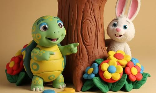 Una piccola tartaruga rotonda e morbida, carapace verde con motivi gialli, occhi vivaci e sorriso timido, indica con una zampa una tana; un coniglio bianco morbido di nome Bobo, orecchie lunghe rosa, sorride sorpreso e si nasconde parzialmente dietro un grande albero a destra; al centro un albero dalla corteccia marrone rugosa, aiuole di fiori giganti colorati (rosso, giallo, blu), foglie lucide e un sentiero di pietre tonde; scena di gioco: la tartaruga scopre il coniglio durante una partita a nascondino, luce calda del pomeriggio, ombre morbide, atmosfera giocosa e rassicurante.