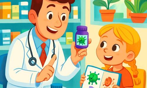 El doctor Tomás, un hombre de unos treinta años, lleva una bata blanca brillante y un estetoscopio alrededor del cuello. Su rostro es sonriente, con ojos chispeantes de curiosidad y una expresión cálida. Está sentado en una silla, inclinado hacia una niña pequeña. Lucía, una niña de ocho años con trenzas rubias y ojos brillantes, está sentada frente a él. Lo mira con admiración, sosteniendo un pequeño cuaderno colorido en sus manos. La escena tiene lugar en una farmacia luminosa, llena de estantes de medicamentos coloridos y cajas con etiquetas alegres. Plantas verdes adornan las ventanas, dejando entrar la luz del sol. La situación principal muestra a Tomás explicando a Lucía la diferencia entre virus y bacterias, utilizando frascos coloridos para ilustrar sus palabras. La atmósfera es amistosa y alegre, llena de risas y curiosidad.