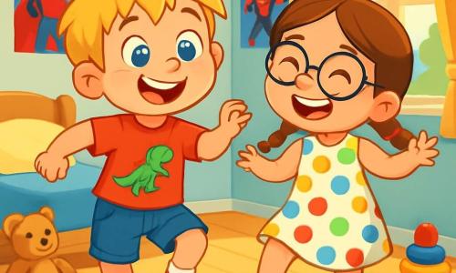 A 6-year-old boy, Tommy, with messy blonde hair and sparkling blue eyes, is joyfully dancing in his room. He wears a red t-shirt with a dinosaur and denim shorts. His face is lit up with a big smile, showing he is happy and having fun. Next to him is his best friend Lucy, a 6-year-old girl with braided brown hair and round glasses, laughing while doing funny dance moves. She is dressed in a colorful polka dot dress and stands right beside Tommy, sharing this joyful moment. The scene takes place in Tommy's room, decorated with superhero posters and toys scattered on the floor. Sunlight filters through the window, creating a warm and welcoming atmosphere. The main situation shows Tommy and Lucy dancing together, forgetting their worries, with bursts of laughter and joyful dance moves, illustrating the theme of emotions and friendship.