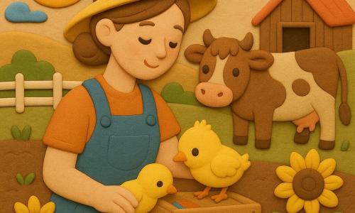 Mujer agricultora sonriente y cariñosa, piel clara, cabello castaño recogido en moño, con peto azul y sombrero de paja, sostiene con delicadeza un pequeño pollito amarillo; el pollito curioso picotea una etiqueta en una caja de madera cerca de sus manos. Al fondo, una vaca parda salpicada con mirada apacible junto al tejado rojo del establo. Lugar: campo al atardecer con suelo de tierra, filas de altos girasoles amarillos orientados hacia la luz, una caseta de madera y una valla blanca. Escena principal: la mujer cuida al pollito entre girasoles al crepúsculo; atmósfera suave, colores cálidos, texturas y formas redondeadas estilo plastilina.