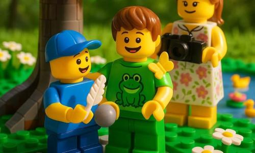 Hay tres personajes: Martin, niño de 6 años, pelo castaño corto, camiseta verde con rana, sostiene una pluma blanca en la mano derecha y apoya la izquierda en el hombro de Hugo, sonríe y tiene una pequeña mariposa amarilla en el hombro; Hugo, niño de 6 años, pelo rubio corto, gorra azul, sostiene una piedra lisa en las manos y mira la pluma con curiosidad, expresión alegre; Madame Laura, mujer de unos 30‑35 años, pelo castaño recogido en cola, vestido ligero de flores, sostiene una cámara pequeña negra frente a ella y está detrás de los niños lista para hacer la foto. Lugar: rincón de parque junto a un pequeño lago, césped con margaritas, gran árbol de tronco gris con raíces visibles, luz solar dorada filtrada por las hojas, algunos patos y nenúfares a lo lejos y un sendero de grava en primer plano. Situación: foto de grupo bajo el árbol en primavera; los dos niños muestran sus pequeños tesoros (pluma y piedra) mientras la maestra los fotografía; ambiente luminoso, colores vivos y escena tranquila que respeta la naturaleza.