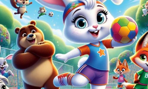 A coelha Clara, uma pequena vaidosa com pelagem branca e grandes orelhas, está no centro da imagem, sorridente e cheia de energia, segurando uma bola de futebol colorida sob um céu azul brilhante. À sua direita, o grande urso Bruno, com pelagem marrom e um ar amigável, aplaude entusiasticamente, mostrando seu apoio a Clara. À sua esquerda, a raposa Lili, com pelagem laranja viva e olhos brilhantes, está driblando a bola, exibindo uma expressão de determinação e alegria. O cenário é um parque verde da floresta mágica, com árvores de folhas vibrantes, flores coloridas e um grupo de animais curiosos que assistem ao jogo com sorrisos no rosto. A cena principal mostra Clara e seus amigos jogando futebol juntos, ilustrando o espírito de equipe e a igualdade entre os gêneros, enquanto todos os animais se divertem e celebram sua amizade.