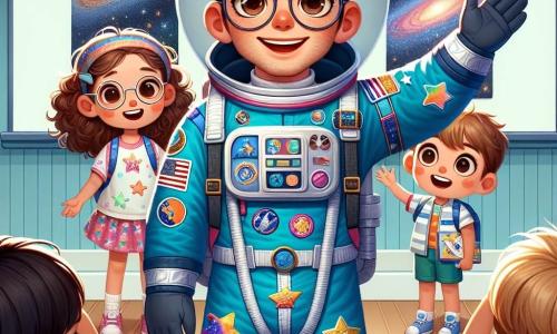 Un astronauta, un uomo di una trentina d'anni con capelli castani e occhi pieni di curiosità, si trova al centro dell'immagine, indossando una brillante tuta spaziale blu decorata con patch colorati. Sorride con entusiasmo, le braccia aperte, come se stesse accogliendo i bambini nella sua avventura spaziale. Alla sua destra, una bambina di 8 anni, con capelli ricci e occhiali tondi, alza la mano con eccitazione, gli occhi spalancati di meraviglia. Indossa una maglietta con stelle e un pantaloncino colorato, pronta a fare una domanda. A sinistra, un ragazzo di 9 anni, con capelli biondi e un cappellino da baseball, guarda l'astronauta con ammirazione, tenendo un quaderno da disegno in mano, pronto a ritrarre ciò che vede. La scena si svolge in un'aula luminosa, con muri decorati da poster di pianeti e stelle. Un grande schermo sullo sfondo mostra immagini dello spazio, con galassie scintillanti e astronavi in volo. L'astronauta racconta le sue avventure nello spazio, catturando l'attenzione dei bambini che sognano di diventare esploratori delle stelle, mentre entusiasmo e curiosità riempiono l'aria.