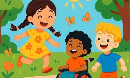 Er zijn 3 personages: - Anna: een 7-jarig meisje met lange, bruine vlechten en sprankelende ogen. Ze draagt een gele bloemenjurk en springt vrolijk op het gras. - Mila: een 6-jarig meisje met kort, krullend zwart haar. Ze zit in een mooie rode rolstoel, glimlachend, en kijkt enthousiast naar haar vrienden. - Sam: een 7-jarige jongen met rommelig blond haar en sproeten op zijn gezicht. Hij draagt een blauwe t-shirt en shorts, en rent lachend om Anna en Mila heen. De hoofdscene speelt zich af in een groene park, vol kleurrijke bloemen en majestueuze bomen. De lucht is helderblauw en de zon schijnt, waardoor zachte schaduwen op de grond vallen. Multicolore vlinders fladderen om de kinderen heen, wat een magische sfeer toevoegt. De hoofdhandeling toont de drie vrienden die samen spelen. Anna springt over een klein muurtje, Mila rolt snel om haar heen, en Sam rent lachend achter hen aan. Ze vieren hun verschillen en vriendschap in een vrolijk en kleurrijk moment.