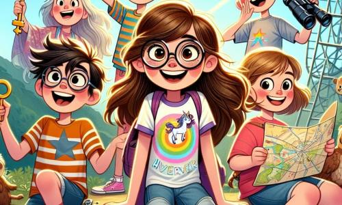 En el centro de la imagen, Clara, una niña de 10 años con largos cabellos castaños y gafas redondas, sonríe alegremente mientras sostiene una llave brillante en su mano. Lleva una camiseta colorida con motivos de unicornios y un short de mezclilla. A su lado, Lucas, un niño de 10 años con el cabello despeinado y una camiseta a rayas, observa con unos binoculares hechos en casa, con una expresión curiosa y divertida. Un poco más atrás, Marta, una niña de 10 años con dos coletas y una gran sonrisa, está sentada en una rama de árbol, riendo mientras sostiene un trozo de papel con un plano dibujado. Tomás, un niño de 10 años con gafas y una camiseta de superhéroe, está sentado en el suelo, rodeado de viejos juguetes, contando una historia increíble con gestos exagerados. El escenario es un viejo parque de atracciones abandonado, con atracciones oxidadas y flores silvestres que crecen entre las grietas del suelo. Al fondo, se ve una gran fuente de piedra, adornada con esculturas de patos, que brilla bajo el sol. La situación principal muestra a Clara y sus amigos en plena exploración, descubriendo la llave misteriosa que podría llevarlos a la solución del "Misterio de la Fuente Encantada", rodeados de risas y una atmósfera de aventura.