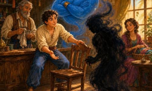 Aladdin, rapaz de ~18 anos, rosto arredondado e olhos vivos, expressão gentil e corajosa, camisa areia e calças azuis, oferece uma cadeira de madeira envernizada a uma forma sombria sentado na beira do balcão; Mustafa, homem ~60 anos com barba grisalha, enxuga uma xícara atrás do balcão e observa ternamente; o Gênio, ser mágico azul grande e sorridente, flutua semitransparente ao fundo com pequenas faíscas; o Rancor, silhueta sombria e vaporosa sem traços definidos, recua enquanto sua forma se dissipa em volutas; Farida, mulher ~35 anos em vestido colorido com um cesto de tecidos, sorri timidamente junto à janela; estalagem "A Lua do Chá" com interior de madeira envelhecida, lanternas de papel penduradas e luz dourada atravessando o pó; cena calma e esperançosa centrada na cadeira estendida, chá soltando vapor e contrastes entre o azul vivo do Gênio, os tons quentes do madeira e a sombra do Rancor; estilo: pintura acrílica com pinceladas visíveis, cores saturadas e texturas rugosas, contornos levemente desfocados para a fumaça.