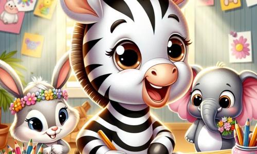 Wesoły mały zebra z błyszczącymi czarno-białymi paskami, dużymi błyszczącymi oczami i szerokim uśmiechem siedzi przy drewnianym stole, otoczony kolorowymi papierami i kredkami, tworząc album pełen wspomnień dla swojej mamy. Obok niego stoi mała króliczka z dużymi uszami, o miękkim, białym futrze, podziwiająca go z entuzjazmem, trzymając ładną kartkę wykonaną ręcznie, jej twarz promienieje dumą. Słoń z szerokimi uszami i szarym ciałem stoi za nimi, uśmiechając się i trzymając bukiet kolorowych kwiatów, gotowy, by ofiarować prezent swojej mamie. Scena rozgrywa się w jasnej klasie, udekorowanej rysunkami dzieci na ścianach, z oknami wpuszczającymi światło słoneczne, które oświetla radosną i twórczą atmosferę. W centrum obrazu mały zebra i jego przyjaciele są zanurzeni w przygotowaniach niespodzianek na Dzień Matki, otoczeni śmiechem i kolorami, ilustrując miłość i przyjaźń, które ich łączą.