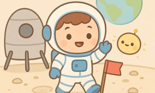 Captain Milo, smiling and awestruck with a round face, bright eyes and short brown hair, wearing a white-and-blue spacesuit, steps slowly out of a small silver craft holding a small red flag; no other humans. A small round pastel-yellow drone floats beside the craft emitting friendly lights. The ground is a light beige lunar surface with soft dust, small rounded stones and circular footprints. Earth appears as a large blue-green sphere low on the horizon. The scene captures the moonwalk moment: planted flag, Milo salutes looking at Earth. Soft colors, simple shapes, thick rounded outlines, calm reassuring mood. Composition centered on full-body Milo, craft left, Earth background right.