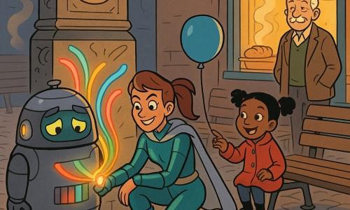 A smiling, focused adult heroine (Captain Mirador) with a determined face and bright, mischievous eyes wears a metallic teal outfit, short silver cape and humming gravity-glide boots; crouched by a carved stone lamppost she presses a button, a warm glow issuing from her bracelet-lens as she gently repairs and reactivates the Lantern Core. A floating Mood Manager robot the size of a trash bin, smooth gray casing and light domes, blinking screen-eyes and tired but curious expression, releases colorful light ribbons beside her. An 8-year-old girl with pigtails in a red coat watches from a nearby bench, smiling and pointing at the ribbons while holding a balloon. An elderly local man in a tweed jacket with a white mustache stands relieved by a reopened shop window, hands in pockets, watching the lantern regain its glow. The scene is the cobbled old Lantern Quarter with worn stone slabs, sculpted stone lampposts engraved with moons and suns, hand-painted signs and small brick shops, warm honey lighting and pastry steam in the air; the colorful ribbons return to windows and passersby, strong contrast between lingering gray and vivid colors, clear mid-shot composition, saturated colors and crisp Franco-Belgian comic-style lines, comforting optimistic atmosphere.