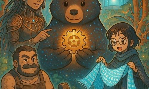 Un gran oso antropomorfo de pelaje marrón oscuro salpicado de pequeñas manchas azul plateadas, mirada dulce y decidida y leve sonrisa, sostiene con delicadeza un pequeño engranaje dorado grabado con una estrella frente al pecho; a la izquierda, Maestra Lila, mujer alta de cabellos trenzados con hilos metálicos y pétalos, vestida con una túnica de cuero y cables, rostro sereno, señala un observatorio de cristal detrás; a la derecha, Ina, joven tejedora de códigos, pequeña y vivaz con gafas redondas y un largo chal de motivos binarios, desenrolla un tejido luminoso de símbolos; Tor, forjador robusto con delantal y manos cubiertas de polvo de metal, martillo junto a un yunque diminuto, muestra orgullo listo para forjar un engranaje; al fondo, la Isla de los Autómatas Silvestres: jardín mecánico con columnas coralinas de cobre, raíces metálicas cubiertas de musgo verde brillante, luciérnagas de cobre flotantes y un observatorio de cristal que emite pulsos de luz suave; escena en la plaza frente al Reloj Vivo, luz dorada irradiando desde el engranaje, ambiente de asombro y unidad, paleta cálida con azules eléctricos y cobre envejecido, estilo manga claro con contornos nítidos y expresiones expresivas.