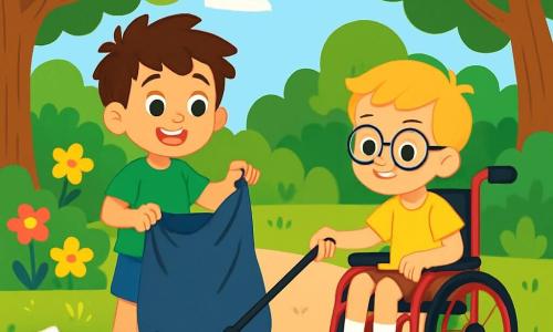 Hay 2 personajes principales: Lucas, un niño de 8 años con cabello castaño desordenado y ojos brillantes, que lleva una camiseta verde y un pantalón corto azul, sosteniendo una gran bolsa de basura; y Mateo, un niño de 9 años sentado en una bonita silla de ruedas roja, con cabello rubio y gafas redondas, que lleva una camiseta amarilla y un pantalón corto beige, utilizando un largo palo para recoger basura del suelo. La escena se desarrolla en un parque verde, lleno de árboles majestuosos y flores coloridas, aunque el suelo está cubierto de basura. La historia muestra a Lucas y Mateo limpiando el parque, sonriendo y trabajando con entusiasmo para hacerlo limpio y acogedor, rodeados de la naturaleza.