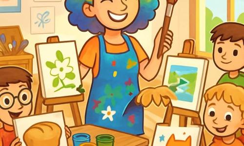 Una artista, Martina, con cabello rizado y colorido, sonriente y llena de alegría, se encuentra en el centro de su luminoso taller, rodeada de tarros de pintura brillantes. Lleva un delantal manchado de colores vivos y sostiene un pincel mágico en la mano. A su lado, cuatro niños entusiastas: Tomás, un niño de 10 años con cabello castaño y gafas redondas, observa asombrado un cuadro de pan que pintó. Lucía, una niña de 9 años con trenzas y una sonrisa curiosa, mira su jazmín secándose en un caballete. Carla, una niña de 8 años con cabello rubio y rizado, se dedica a añadir detalles a su gran gato en el lienzo. Finalmente, Mauro, un niño tímido de 9 años con cabello castaño, se mantiene un poco apartado, admirando su cuadro de un río colorido. El taller está lleno de luz, con grandes ventanas que dejan entrar el sol, paredes cubiertas de dibujos y pinturas, y un gran baúl de madera lleno de pinceles mágicos. Los niños están sentados alrededor de mesas de madera, rodeados de lienzos blancos y paletas de colores brillantes. La escena muestra a Martina enseñando a los niños a pintar, cada uno absorbido en su creación, con salpicaduras de pintura de colores en el suelo y risas resonando en el aire, ilustrando la magia del arte y la imaginación.