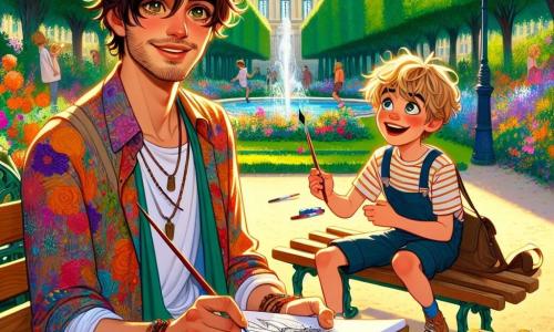 Un joven llamado Mateo, con cabello castaño desordenado y ojos brillantes de creatividad, está sentado en un banco en un parque soleado. Lleva una camisa colorida y un delantal manchado de pintura, sonriendo alegremente mientras sostiene un pincel en una mano y un cuaderno de bocetos en la otra, listo para capturar la magia del momento. A su lado, Lucas, un niño de 8 años con cabello rubio despeinado y ojos brillantes de curiosidad, está inclinado sobre una hoja de papel, concentrado en su dibujo. Lleva una camiseta a rayas y pantalones cortos, mirando a Mateo con admiración, ansioso por aprender. El parque es un lugar vibrante, lleno de vegetación exuberante, flores coloridas y niños jugando a lo lejos. Los árboles majestuosos ofrecen sombra, y las risas de los niños resuenan en el aire, creando una atmósfera alegre e inspiradora. En esta escena, Mateo enseña a Lucas y a otros niños cómo pintar al aire libre, mostrándoles cómo capturar la alegría y la belleza del mundo que los rodea. Los niños, rodeados de colores y creatividad, descubren el placer del arte y la expresión personal.
