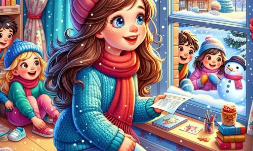 A 12-year-old girl, Emma, with long brown hair and rosy cheeks, gazes in wonder through her bedroom window, her eyes sparkling with joy. She wears a blue wool sweater and a red beanie, holding a flyer in her hands. Outside, snow gently falls, covering the garden in a bright white blanket. Sofia, another 12-year-old girl with curly blonde hair, sits on the windowsill, smiling and sharing winter memories with Emma. Max, a 12-year-old boy with glasses and brown hair, stands next to them, drawing snowmen in a notebook. The scene takes place in Emma's room, decorated with winter landscape posters, with snowflakes visible through the window. The floor is covered with toys and books, adding a warm touch to the atmosphere. The main focus shows Emma, full of excitement, contemplating which winter activity to choose for her school project, surrounded by her friends who share their ideas and dreams of snowy adventures.