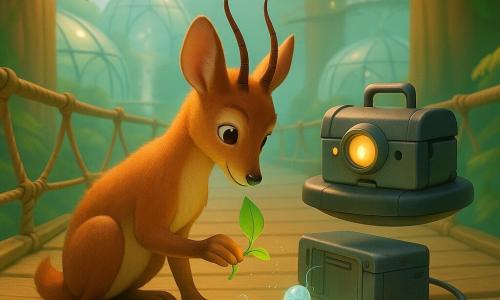 Nilo, protagonista: piccolo animale tra capra e volpe dal manto rame lucente e corna sottili, occhi grandi e concentrati, accovacciato vicino a una scatola di giunzione metallica vibrante mentre porge un piccolo condensatore-foglia verde luminescente; Plico-7, secondario: robot-servizio a forma di cassetta su piattaforma levitante, carrozzeria grigio acciaio opaca con dettagli gialli e un occhio-lampada che emette un tenue bip, posizionato dietro Nilo in atteggiamento ansioso ma solidale; tre 