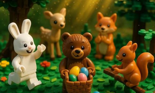 Un pequeño oso de ladrillos (marrón, pelaje texturado, grandes ojos redondos y sonriente) sostiene una cestita de mimbre LEGO con huevos de colores; está en el centro, de pie y alegre; a la izquierda, un conejo de ladrillos blanco de largas orejas salta celebrando; a la derecha, una ardilla rojiza sobre una rama baja de LEGO extiende la pata para coger un huevo; un cervatillo y un zorro en segundo plano aplauden junto a los árboles; claro en ladrillos verdes con hierba texturada, pequeñas flores LEGO multicolor, un gran roble a la izquierda, rayos de sol amarillos, hojas dispersas y un sendero de ladrillos marrones; los animales cuentan huevos de Pascua multicolores en suelo y ramas mientras una fina lluvia de polvo dorado LEGO crea una atmósfera mágica y cálida.