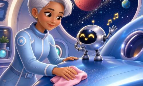 Donna adulta, Stella, sorridente e dolce, occhi brillanti, capelli corti argentei, in tuta spaziale azzurra con cuciture bianche, sta asciugando con un panno rosa l'ala lucida della navetta; accanto a lei un piccolo robot compagno tondo in metallo cromato con occhi LED gialli che lampeggiano, canta e muove un braccio meccanico. La navetta è grande e blu, superficie liscia con oblò rotondi e luci verdi e rosse; sullo sfondo una grande finestra rotonda mostra un cielo stellato profondo, una luna rossa vicina e una piccola pianeta verde-azzurro, polvere di stelle scintillante. La scena è calma e calda, luce soffusa, toni pastello; azione principale: pulizia complice dell'ala per togliere la polvere di stelle.
