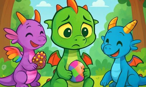Lillo, un piccolo drago dalle squame verdi brillanti e dagli occhi gialli vivaci, si trova al centro della scena con un'espressione curiosa e leggermente triste. La sua lunga coda è avvolta attorno a una pietra colorata che tiene tra le zampe, mentre guarda con speranza verso i suoi amici. Fiammetta, una draghetta viola con ali arcobaleno, è a sinistra di Lillo, sorridendo calorosamente mentre tiene una pigna decorata. Brontolo, un piccolo drago dalle corna contorte e dalle squame blu, è a destra di Lillo, con un'espressione di incoraggiamento e un leggero sorriso, mentre disegna forme nel terreno con la zampa. La scena si svolge in una radura soleggiata nella foresta di Boscoverde, circondata da alberi e fiori colorati. Lillo, circondato dai suoi amici, condivide le sue emozioni sulla separazione dai genitori mentre giocano insieme, creando un momento caldo e confortante nel cuore della foresta.