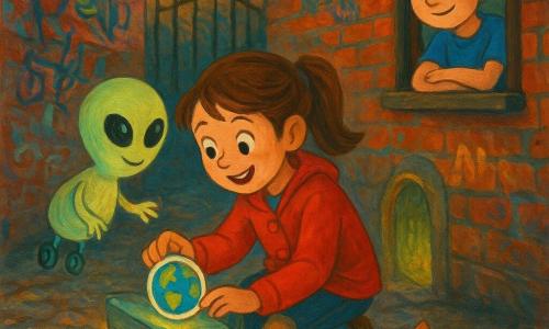 Uma menina de 8 anos, emocionada, cabelos castanhos em tranças e jaqueta vermelha, agachada numa pedra, cola um autocolante redondo da Terra numa consola brilhante; um extraterrestre chamado Bixi, em forma de pera, pele verde-pastel canelada, grandes olhos pretos e quatro dedos, flutua sobre três rodas pequenas e sorri curioso; um rapaz de cerca de 9 anos, de cabelo curto e camiseta azul, observa sorrindo por uma janela sobre a viela; o gato laranja Pipo está enrolado junto às escadas; a cena passa-se numa viela estreita de calçada com paredes de tijolo grafitadas, lâmpadas amarelas, um portão de ferro enferrujado e uma porta redonda que deixa passar uma luz pêssego-esverdeada — momento terno e mágico em que a cola do autocolante faz a consola emitir trilhas de luz que desenham um mapa brilhante nos paralelepípedos, criando uma atmosfera quente, colorida e ligeiramente fantástica.