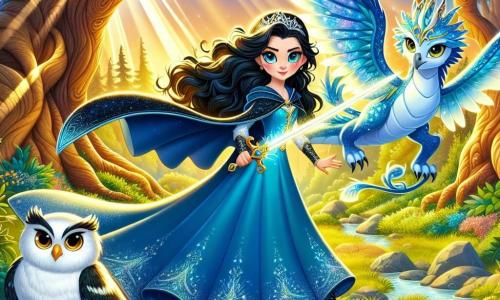 Luna, a brave young woman of about 20, stands center stage with star-like bright eyes and flowing black hair. She wears a vibrant blue cape and wields a shimmering sword, ready to face the darkness, her face showing determination and courage. Beside her, Dazzle, a small dragon with sparkling, colorful scales, joyfully flies around her, his translucent wings catching the sunlight. He is full of energy and enthusiasm, adding a touch of magic to the scene. In the background, Oliver, a wise owl with white feathers, perches on a low branch, observing with piercing eyes and a serious expression, ready to guide Luna in her quest. The scene takes place in the depths of the Whispering Forest, where majestic trees with gnarled trunks reach for the sky, their vibrant green leaves creating a natural canopy. Colorful flowers dot the ground, while rays of light break through the foliage, illuminating Luna's determined face. The main situation shows Luna preparing to confront the Shadow Creature, the Shadow Monster, emerging from the darkness with glowing red eyes and a body shrouded in blackness. With her sword raised, Luna is ready to defend her kingdom, while Dazzle and Oliver encourage her, creating an atmosphere of courage and adventure.