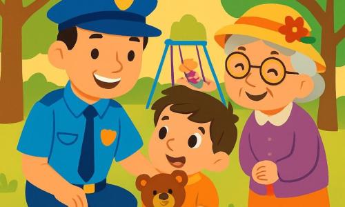 Ein Polizist, ein lächelnder und wohlwollender Mann in seinen Dreißigern, trägt eine leuchtend blaue Uniform mit einer Mütze. Er steht in einem Park, umgeben von grünen Bäumen und bunten Blumen, und hilft einem kleinen Jungen. Der fünfjährige Junge hat braune Haare und strahlende Augen. Er hält einen Teddybär und schaut den Polizisten bewundernd an. Neben ihnen steht eine etwa 70-jährige Dame mit Brille und einem blumigen Hut, lächelnd und dankbar. Die Szene spielt in einem sonnigen Park, in dem Kinder auf Schaukeln spielen und Vögel in den Bäumen singen. Der Polizist hilft dem kleinen Jungen, seinen verlorenen Teddybär zu finden, und beide lächeln fröhlich, was eine Atmosphäre von Sicherheit und Glück schafft.