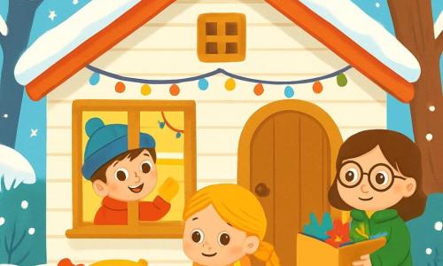Há 3 personagens: - Léo: um menino de 6 anos, com cabelos castanhos e olhos brilhantes. Ele veste um casaco vermelho vivo, um gorro azul e luvas amarelas. Ele está fechando uma janela, sorrindo. - Sofia: uma menina de 5 anos, com cabelos loiros trançados e bochechas rosadas. Ela usa um casaco rosa e um cachecol listrado. Está sentada no chão, cercada por almofadas coloridas, organizando-as. - Ana: uma menina de 6 anos, com cabelos castanhos e óculos redondos. Ela veste um casaco verde e botas de borracha. Está em pé perto da porta, segurando uma caixa de decorações de inverno. O local é uma charmosa casa de madeira, com paredes brancas e um telhado coberto de neve. Do lado de fora, o jardim está salpicado de flocos de neve cintilantes, e árvores com galhos nevados cercam a casa. Luzes coloridas decoram as janelas, adicionando um toque festivo à atmosfera de inverno. A cena principal mostra os amigos se dedicando alegremente a preparar a casa para o inverno, cada um com uma tarefa, cercados de neve e decorações coloridas.