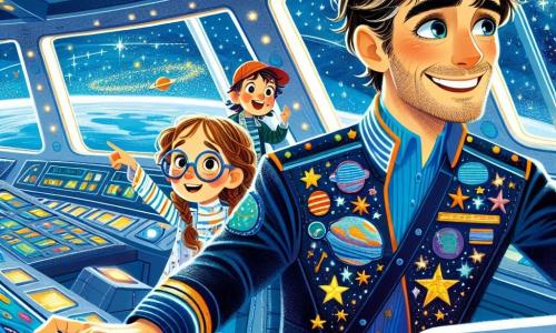 Hoofdpersonage Captain Leo is een man van dertig jaar met rommelig bruin haar en nieuwsgierige ogen. Hij draagt een glanzend blauwe ruimtepak versierd met kleurrijke patches van sterren en planeten. Zijn gezicht straalt blije vastberadenheid uit terwijl hij met een zelfverzekerde glimlach de bedieningselementen van zijn ruimteschip, de Stardust, aanpast. Naast hem staat een 10-jarig meisje, Mia, met ronde bril en gevlochten blond haar, dat aandachtig naar de controlepanelen kijkt. Een 9-jarig jongetje, Tom, met een achterstevoren rode pet, staat bij het raam, vol bewondering voor de schoonheid van het universum en wijst naar een heldere ster. De scène speelt zich af in de cockpit van de moderne Stardust, met zilveren muren en zachte verlichting. Grote ramen bieden een spectaculair uitzicht op de uitgestrektheid van de ruimte, vol fonkelende sterren en kleurrijke draaiende planeten. Captain Leo navigeert door de ruimte, omringd door de kinderen die hem helpen een technisch probleem op te lossen, terwijl hun gezichten verlicht worden door het schermlicht, wat hun enthousiasme en vastberadenheid om de mysteries van het universum te verkennen weerspiegelt.