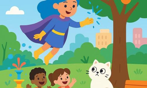 A smiling, confident female superhero with shiny blue hair, a purple cape and yellow boots hovers in front of a large tree, hands out with small blue sparks falling from her palms as she helps dislodge a ball stuck in the branches while park-goers applaud; a big round white cat named Mr. Fluff with worried eyes sits at the tree base watching, three yellow ducklings gather on the nearby path flapping their wings, two children (a boy about 5 and a girl about 4) laugh with raised hands by a colorful fountain with bubbles to the left, and the scene is a bright city park with green grass, round colorful flowers, an orange bench, a brick path and soft-shaped buildings under a blue sky with a few white clouds, joyful mood, vivid colors, simple shapes and clean outlines.