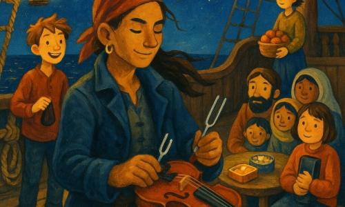 Main scene: pirate captain Mara Tide, focused and serene with sun‑bronzed face and wind‑swept dark braid, in a worn navy coat, holding a silver tuning fork and tuning a violin on her lap on the wooden deck of an old three‑masted ship; left, about 12‑year‑old Jun, thin and energetic with messy hair, smiles admiringly holding a small velvet pouch at the rail; right, about 10‑year‑old Poppy, round and shy with a bob, clutches a tuning‑fork case while sitting on a wooden chest beside a refugee family; behind them Lark (~14), resourceful with short hair, keeps watch holding a basket of oranges and looking to sea; the grooved planks, loose rigging and hanging yellow lanterns casting circles of light, black sea reflecting stars and partially furled sails set a warm vigil: crew and family gathered at a table with a biscuit tin and a shiny compass, relaxed expressions and knowing smiles; warm color palette (ochres, deep blues, faded reds), acrylic‑like texture, soft light and intimate atmosphere, realistic details like rope knots, coat folds and wood grain.