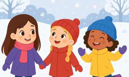 There are 3 characters: Mia, an 8-year-old girl with long brown hair and sparkling eyes, wearing a purple coat, pink scarf, and purple gloves, stands on the left, smiling while holding Ella's hand. Ella, a 7-year-old girl with braided blonde hair and rosy cheeks, is dressed in a red coat, matching hat, and red mittens, positioned in the center, looking at the falling snowflakes. Zoe, a 6-year-old girl with curly brown hair and a big smile, wears a yellow coat, blue hat, and Mia's purple gloves, on the right, doing a little dance in the snow. The setting is a winter park with snow-covered trees and a light gray sky. The ground is covered in a thick layer of soft snow, and snowflakes fall slowly around the girls. In the distance, a small hill can be seen where children are sledding. The main scene shows the three girls joyfully playing in the snow, admiring the falling flakes and laughing together, creating an atmosphere of happiness and friendship.