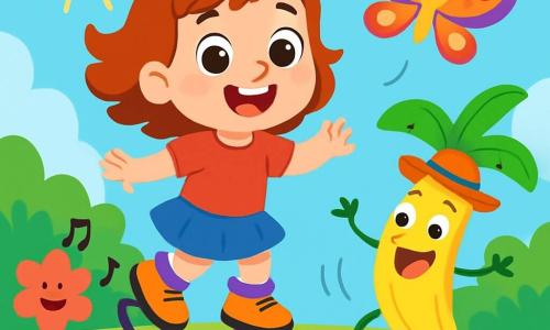 A 4-year-old girl, Mia, with big sparkling eyes and a bright smile, is wearing bouncy shoes. She is joyfully jumping in a sunny garden surrounded by colorful singing flowers. Next to her, a funny banana tree with a silly hat is jumping, its round mischievous eyes shining with excitement. A butterfly with multicolored wings and curled antennae is flying around them, adding a touch of magic to the scene. The garden is filled with vibrant greenery, dancing flowers, and a clear blue sky. The main scene shows Mia, the banana tree, and the butterfly having fun together, laughing and dancing, creating a joyful and absurd atmosphere.