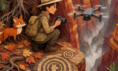 A woman explorer, Lila, about 30, determined smile, bright eyes, chestnut ponytail, wearing a beige wide-brim hat, khaki jacket and canvas backpack, kneels at the canyon edge holding a camera, attentive and cautious; a small bright orange fox with curious eyes stands a few steps behind on a bed of leaves as if guiding her; a matte gray compact drone hovers at chest height with spinning rotors and a small green light filming the canyon; the setting is a deep canyon with red and ochre striated walls, light mist rising, pine needles and exposed roots, spiral-arranged stones engraved with circular and fox motifs; composition contrasts her cautious calm and the wild grandeur, rendered in layered cut-paper style with crumpled paper textures for rock, warm colors, strong contrast, sharp shadows and crisp cut contours.
