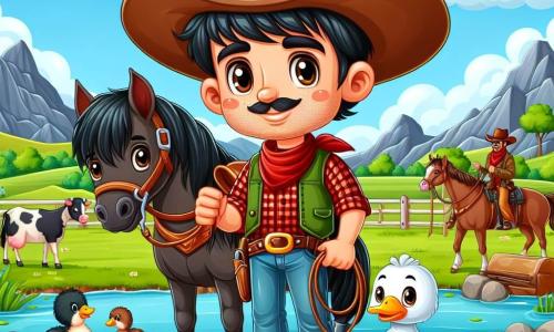 Um cowboy chamado João se posiciona corajosamente no centro da cena. Ele usa um grande chapéu de cowboy marrom, uma camisa xadrez vermelha e um jeans desgastado. Seu rosto é sorridente, mas determinado, com olhos brilhantes de bravura. Ele segura firmemente as rédeas de seu cavalo, Trovão, um magnífico cavalo negro com crinas brilhantes. À sua direita, Patinha, uma pequena pata fêmea com plumagem branca e um bico laranja, nada alegremente em um pequeno lago, olhando para João com admiração, pronta para ajudá-lo. O cenário é um vasto rancho ao ar livre, com pradarias verdes, montanhas majestosas ao fundo e um céu azul salpicado de nuvens brancas. Vacas pacíficas pastam nas proximidades, acrescentando vida ao ambiente. A situação principal mostra João e seus amigos animais se preparando para enfrentar três bandidos assustados, que recuam surpresos, cercados pelos animais do rancho. A atmosfera é dinâmica e cheia de coragem, ilustrando a unidade e a amizade entre João e seus companheiros.
