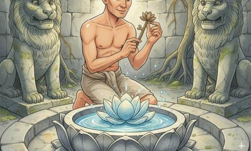 Un bărbat adult, Sokha, cu expresie calmă și concentrată, îngenunchează lângă un mare bazin de piatră în formă de lotus și introduce o mică cheie de bronz în formă de lotus într-o fanta; poartă o cârpă simplă la brâu. Două statui masive de lei de piatră, crăpate și acoperite de mușchi, încadrеază scena într-o sală subterană rotundă cu pereți de piatră gri umezi, rădăcini groase în crăpături și raze subțiri de lumină aurie; în centru un lotus de piatră începe să se deschidă și o apă limpede țâșnește ușor, cu reflexe albastre și argintii. Atmosfera: culori moi, albastre spălate, verzi mușcate și accente aurii, texturi de piatră aspră contrastând cu petale netede și luminoase.