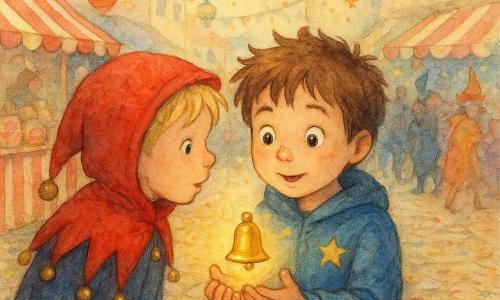 Zwei sechsjährige Jungen: Milo, braune zerzauste Haare, blaue Jacke mit aufgenähten Sternen, steht in der Mitte des Kopfsteinpflasters und hält eine kleine goldene Glocke in der rechten Hand, staunender Blick; Ben, gleiche Alter, kurze blonde Haare, trägt eine große rote Kapuze mit klingelnden Glöckchen, links von Milo, leicht zu ihm geneigt wie beim Flüstern; Ort: ein mit Konfetti bedeckter Marktplatz mit bunten Girlanden zwischen pastellfarbenen Häusern, rotweiß gestreiften Süßwarenständen und Papierlaternen, goldenes Morgenlicht auf den Steinen; Szene: die kleine goldene Glocke liegt zwischen den Pflastersteinen, strahlt einen warmen Lichtschein aus, die Luft scheint zu wogen, um sie herum herrscht Karnevalslärm mit unscharfen Figuren, maskierten Silhouetten und einer fernen bunten Parade.