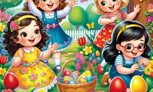 En un jardín colorido, cuatro niñas de cinco años están felices. Ana, con cabello castaño y rizado, lleva un vestido amarillo con flores y está en el centro levantando los brazos con una gran sonrisa. A su derecha, Sofía, con cabello rubio y liso, lleva un vestido azul y aplaude con entusiasmo. A la izquierda, Carla, con cabello castaño y una pequeña trenza, está agachada sosteniendo un brillante huevo de Pascua rojo. Finalmente, Lucía, con cabello negro y gafas redondas, está leyendo una pequeña tarjeta, inclinándose hacia adelante con curiosidad. El jardín está lleno de flores vibrantes como tulipanes rojos, narcisos amarillos y violetas. Un gran árbol con frondosas hojas verdes se alza al fondo y mariposas de colores vuelan alrededor de las niñas. Las cuatro amigas están buscando huevos de Pascua, riendo y divirtiéndose, mientras un grupo de pequeños conejos de Pascua las observa con ojos brillantes, listos para sorprenderlas con un baile alegre.