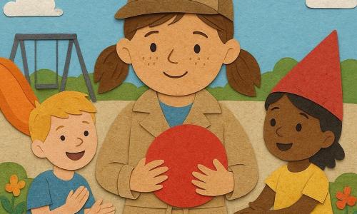 Een jonge detective Sophie (meisje, ~8), rond gezicht met sproeten, kastanjebruin haar in staartjes, draagt een beige trench van tekstpapier en heeft een kleine zilverkleurige papieren loep bij haar hand; ze glimlacht zacht, vastberaden en vriendelijk, en houdt een grote glanzende rode bal. Links staat Tim (~7), kort blond haar, brede glimlach, blauw T-shirt, bij de oranje glijbaan, klappend en kijkend; rechts een ander meisje (~6) met puntige rode hoed en gele jurk bij de bloemperken, opgelucht en reikend naar de bal. Speelplaats overdag: korrelig beige zandbak, oranje glijbaan, grijze papieren schommel, kleurrijke bloemperken, groen bankje en lichtblauwe lucht met katoenen papieren wolken. Hoofdmoment: Sophie geeft de grote rode bal terug, verzoening en gedeelde blijdschap; collage van gescheurd papier met felle kleuren, zichtbare randen en zachte schaduwen voor een kinderlijke, tactiele uitstraling.
