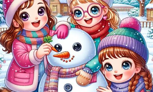Tre bambine di sette anni, Sofia, Marta e Giulia, sono al centro dell'immagine. Sofia, con i capelli castani e occhi scintillanti, indossa un cappotto rosa acceso e un berretto abbinato, mentre sta modellando una grande palla di neve. Alla sua destra, Marta, con i capelli biondi e trecce, indossa un cappotto blu e una sciarpa rossa, sorridendo mentre tiene una carota per il naso del futuro pupazzo di neve. A sinistra, Giulia, con capelli castani e occhiali, è avvolta in una sciarpa multicolore e tiene due bottoni neri per gli occhi, pronta a metterli sulla testa del pupazzo di neve. Lo sfondo è un giardino innevato, con alberi coperti di neve scintillante e un cielo blu chiaro punteggiato di nuvole bianche. Sullo sfondo si vedono case di legno con tetti innevati, creando un'atmosfera calda e festosa. Le tre amiche stanno costruendo il pupazzo di neve più grande del villaggio, ridendo e divertendosi insieme, mentre il sole tramonta, tingendo il cielo di colori caldi e dorati.